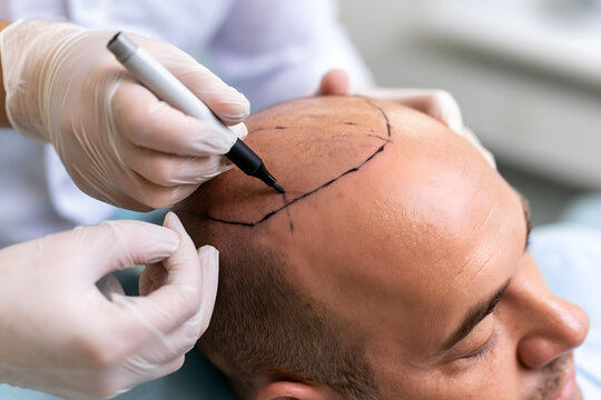 Surgeon Marking Hairline with Surgical Marker Before Hair Transplant Procedure, Close-Up Gloved Hands
