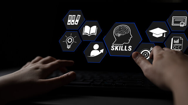 Conceptual Image Representing Skills Development in a Digital Environment with Icons of Knowledge, Learning, and Achievement. Glyphic.