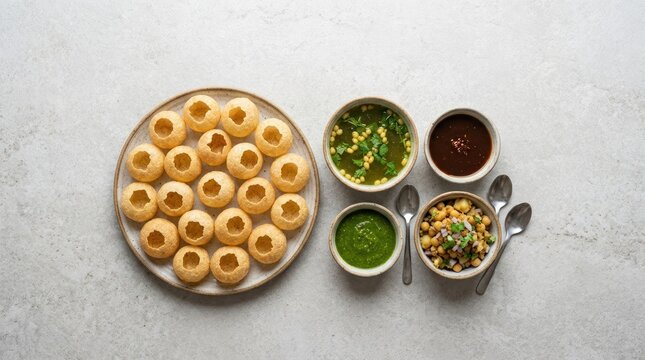 A plate of chaat with chutneys and garnishes on a light grey background.