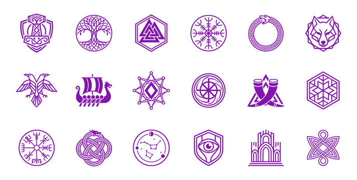 Purple Viking Mythology Icons and Norse Symbol Collection