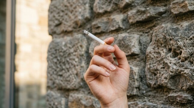 Human Hand Holding Lit Cigarette Against Textured Stone Wall