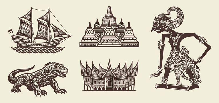 Indonesian Cultural Heritage Vector Icons with Borobudur and Wayang