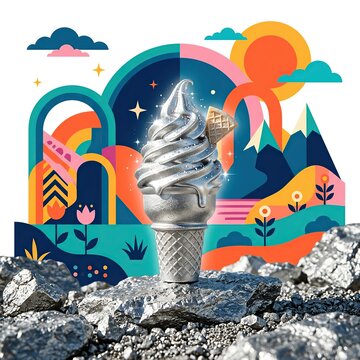 Colorful Surreal Rocky Pedestal Supporting a Shiny Spiral Sculpture Amid Geometric Landscape