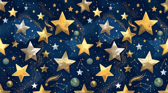 Seamless pattern design featuring glowing gold stars and celestial elements on a dark blue space background night sky starry sky wrapping paper celestial astronomy universe background abstract