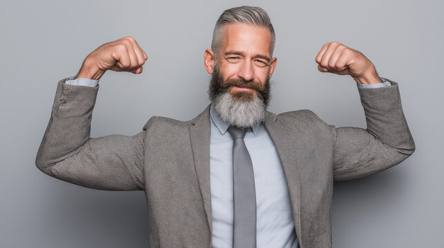 Confident man flexing muscles in a grey suit for International Men's Day  