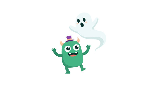 Cute Green Monster With Hat and Ghost Isolated Transparent Background