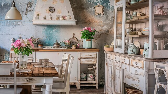 Country-style vintage kitchen with pastel blue walls, white cabinets, and rustic open shelving