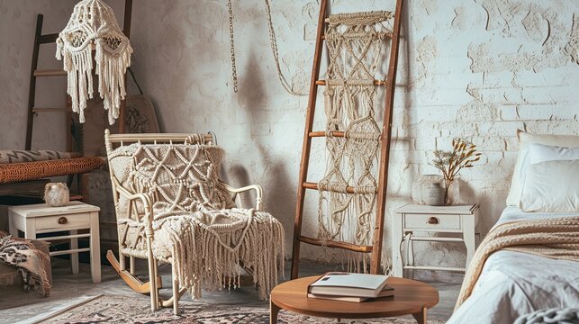 Cozy Bohemian Bedroom Interior with Rattan Chairs and Dreamcatcher Decor