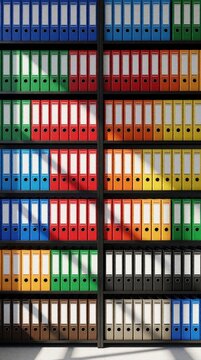 Neat rows of colorful binders fill office shelves. Different colors organize files for business school or home storage. Professional archival system kepic documents tidy.