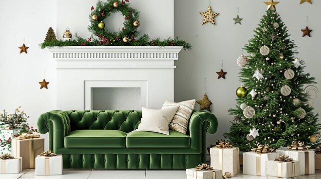 Cozy Christmas Living Room Scene Featuring a Green Velvet Sofa and Decorated Tree