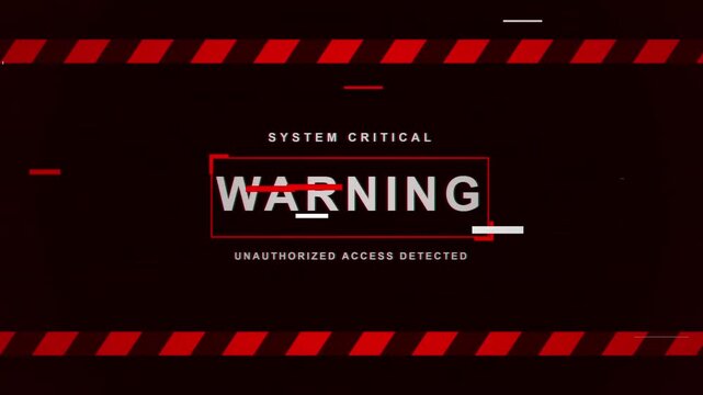 System critical warning alert with digital glitch effect and unauthorized access notification