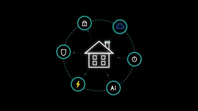 Futuristic smart home automation network with connected icons representing security, cloud, power, AI, and energy.