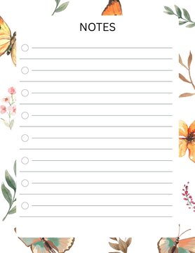 Watercolor Butterfly Floral Checklist Notes Page - Printable To Do List with Orange Teal Butterflies Pink Flowers and Eucalyptus Leaves A4 Vector