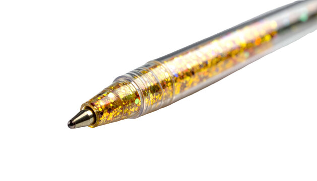 Macro shot of a transparent pen with a golden glitter interior, poised at an angle against a black backdrop