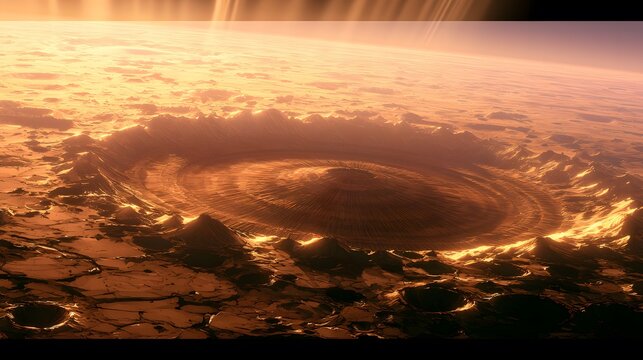 Cinematic anime style landscape of a vast orange planetary surface featuring a massive impact crater