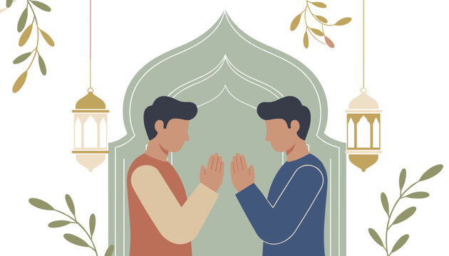 Flat vector illustration of two men greeting each other with traditional hand gesture for Ramadan or Eid Mubarak celebration.