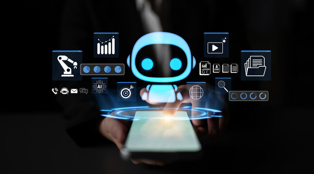 Futuristic Robot Assistant with Digital Icons in Dark Environment for Technology and Automation Concepts, Innovation and Artificial Intelligence Trends. Glyphic.
