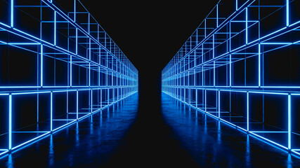 Fototapeta premium A 3D rendered scene of a glowing blue neon wireframe tunnel, with geometric structures reflecting on a dark surface, creating a futuristic digital space.