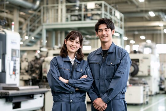 日本の工場で働く男女2人が笑顔で未来を創造するプロフェッショナル