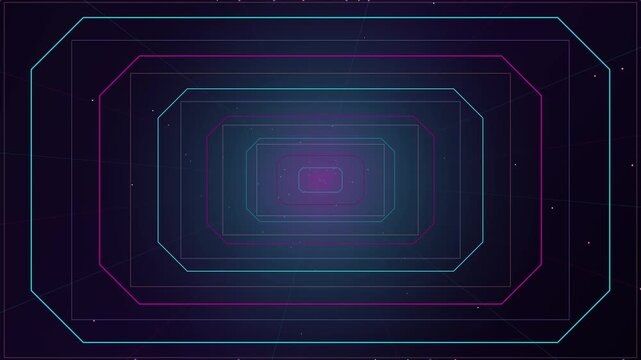 Digital neon tunnel with glowing frames moving in dark space background