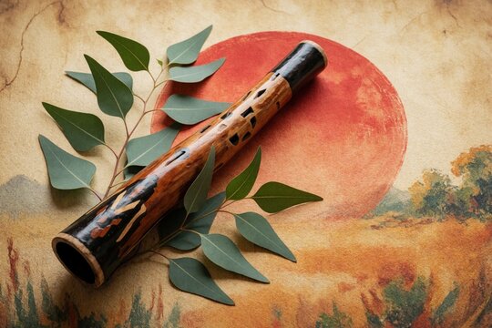 Wooden didgeridoo rests on textured background with eucalyptus leaves. Sun motif and painted landscape suggest Australian heritage and cultural celebration.