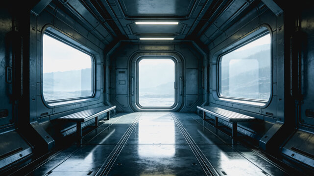 A clean, futuristic metallic interior corridor with large windows and built-in benches, illuminated by linear lights.