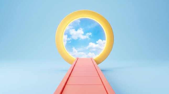 Surreal 3D illustration of a pink path leading to a golden ring portal opening to blue sky with clouds, of success, opportunity, future goals, achievement, hope, dream realization