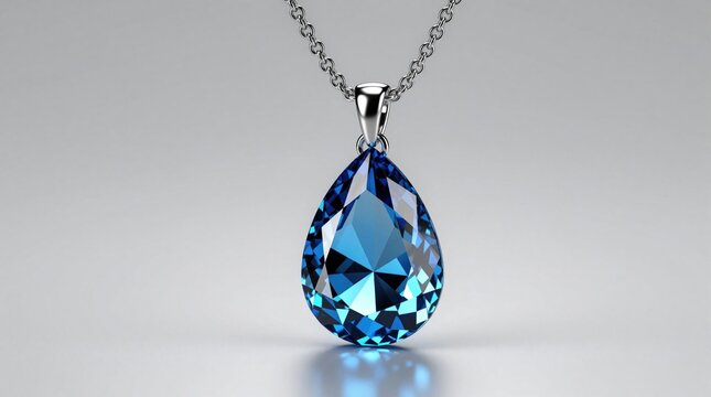 Teardrop blue crystal pendant on silver chain displays faceted glass gemstone with light reflections. Luxury jewelry accessory sits on a plain grey studio background.