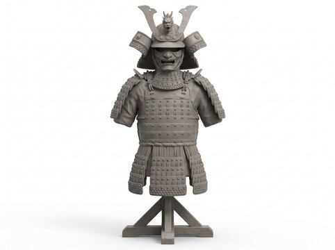 Detailed gray bust of a traditional samurai warrior armor on a stand