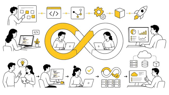 Minimalist, black-and-white characters with yellow devops methodology and software development on white background.