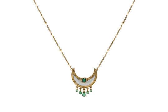 Gold crescent moon necklace with a central green gemstone and dangling emerald teardrop charms isolated on a transparent background