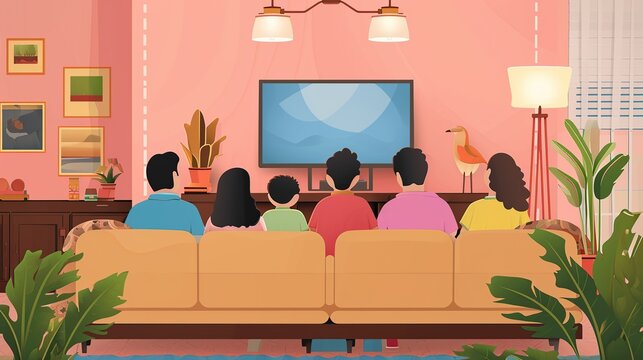 Cozy group of friends and family enjoying a movie night in a stylish pink-walled living room with plants and warm lighting