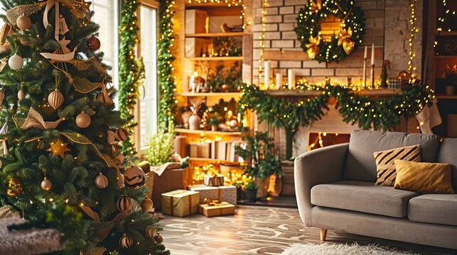 Cozy Festive Living Room Decor with Christmas Tree, Garland, and Warm Ambient Lighting