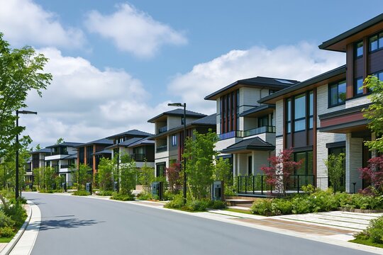 青空の下に新築分譲住宅が建ち並ぶ洗練された街並みの風景