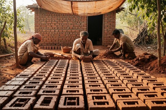 Indian men make bricks from wet clay in a traditional outdoor workshop. Workers mold mud bricks by hand, arranging them for drying under a rustic shelter.