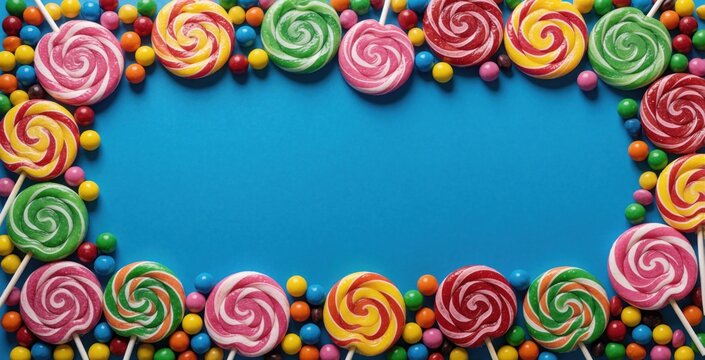 Bright candy border frames blue space. Swirled lollipops and round gumballs create festive edge. Sweet treats invite fun, celebration, and joy for parties and kids.