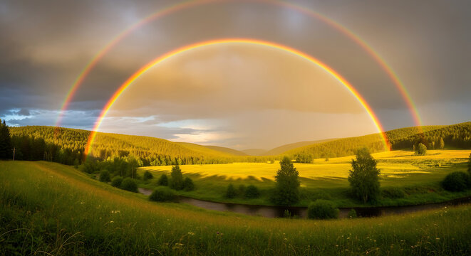 rainbow over valley with vibrant double arch after summer storm