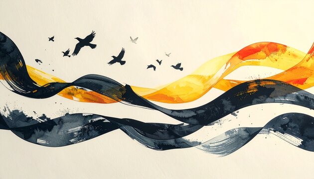 Karnataka Rajyotsava Ink Wash Flowing Flag Ribbons with Flying Birds Artistic Background