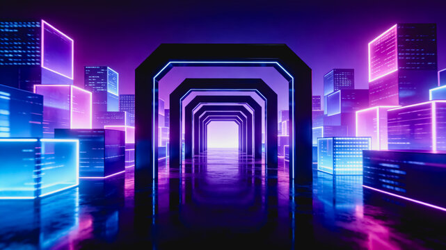 A 3D rendered futuristic cyberpunk scene with glowing neon archways and city blocks, set on a reflective dark surface.