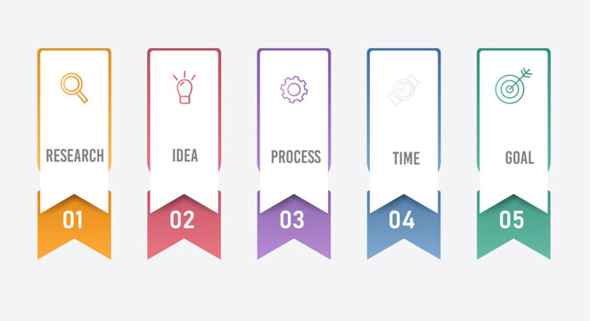5 steps vertical process layout with colorful ribbon tail badges line icons and text placeholders vector illustration