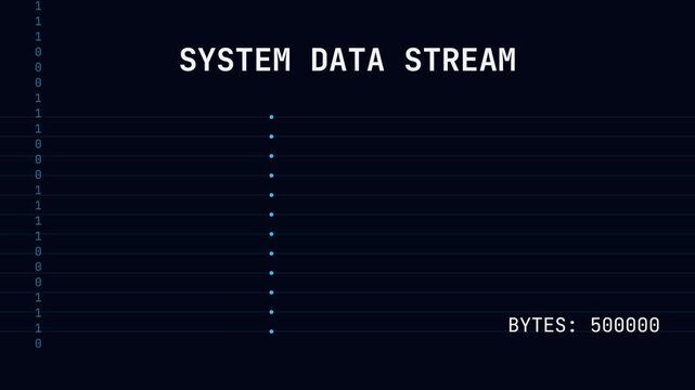 System data stream, digital graphic with binary code, increasing byte values, technological environment, symbolizing data transfer and processing