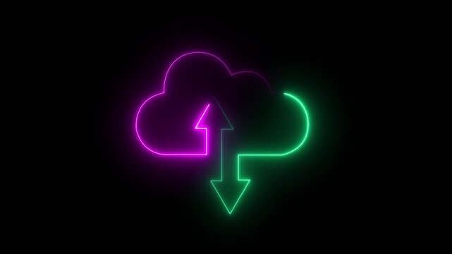 Neon cloud storage icon with upload and download arrows glowing in red animation on black background, digital technology for data transfer, cloud computing, backup, and online storage concept