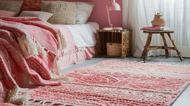Cozy Pink-Themed Bedroom Setting with Plush Bedding, Vintage Wooden Furniture, and a Soft Patterned Rug