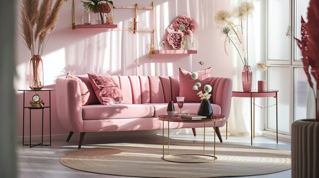 Cozy pastel pink living room scene with velvet sofa, plants, and sunlit ambience