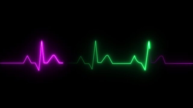 ECG monitor beating heart with a neon electrocardiogram overlay, featuring dynamic HUD elements and a gradient background.Abstract neon heartbeat signal icon animation background on black back ground