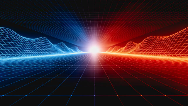 A 3D wireframe grid with blue and red curved waves converging on a bright central light source, representing digital data and tech concepts.