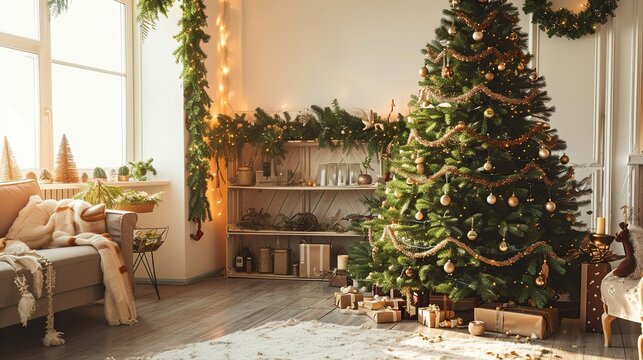 Cozy sunlit Christmas living room with a tall decorated tree and festive furnishings