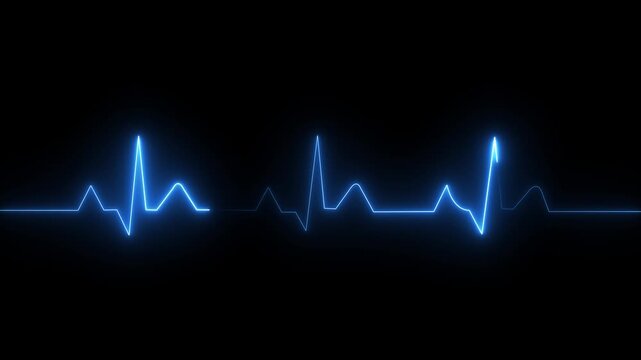 ECG monitor beating heart with a neon electrocardiogram overlay, featuring dynamic HUD elements and a gradient background.Abstract neon heartbeat signal icon animation background on black back ground