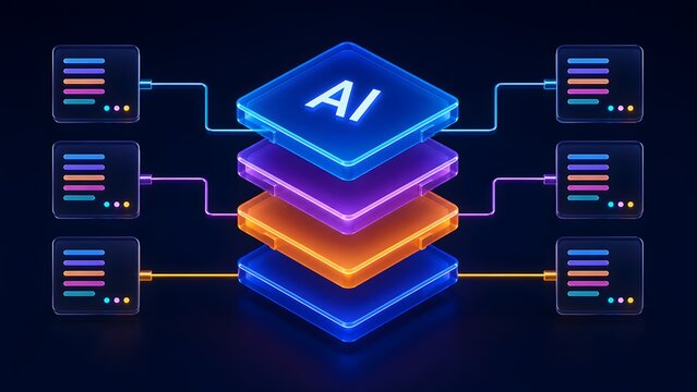 Multilayered artificial intelligence processing architecture sorting digital data documents through glowing neon server levels for deep learning algorithms.