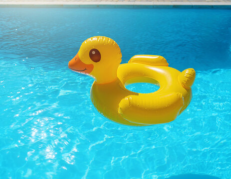 A yellow duck inflatable floatie floating in the sunny swimming pool water, representing a summer vacation and child swimming pool activities concept.